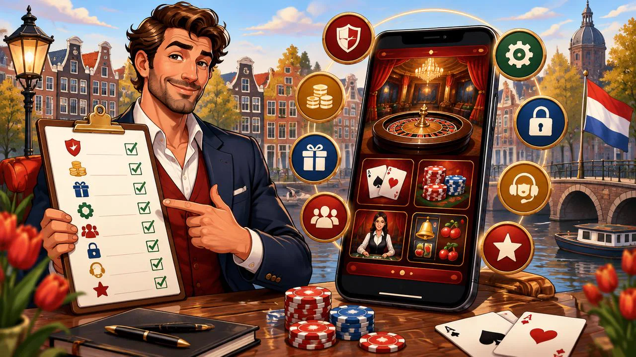Redactionele beoordeling van een online casino met identiteitscontrole, vergrootglas en acht toetsingscriteria
