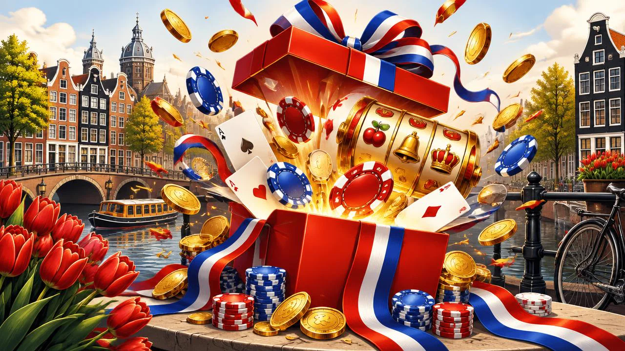 Casino welkomstbonus met rode speelchips, munten, cadeau en Nederlandse driekleur voor een Amsterdamse gracht
