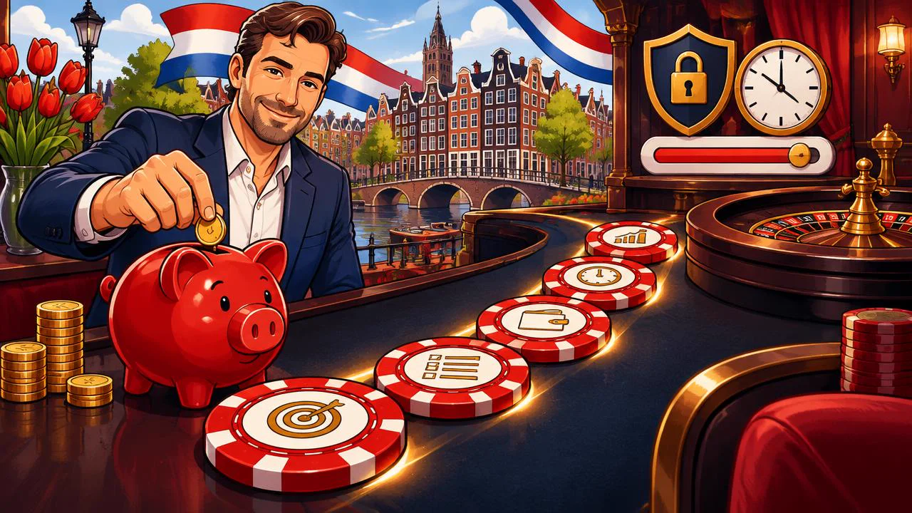 Vijf gecontroleerde stappen voor spelen met een budget, met spaarpot, euro's en Nederlandse grachtenpanden