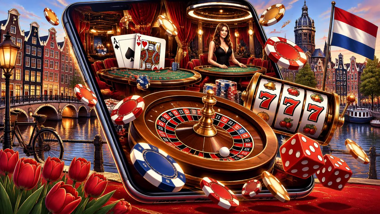 Mobiel online casino met roulette, speelkaarten en chips in een lichte Nederlandse grachtenomgeving