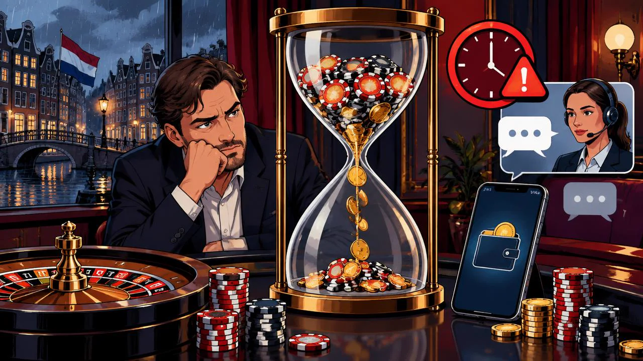 Vertraagde casino-uitbetaling met wachttijd op een smartphone, zandloper en bewaarde klachtendocumenten