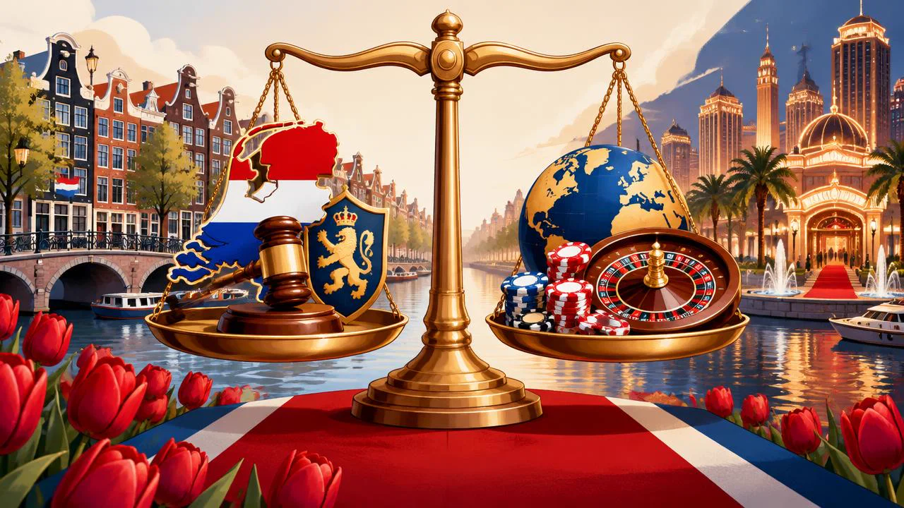 Messing weegschaal met Nederlandse grachtenpanden tegenover een wereldbol als beeld voor Nederlands en buitenlands toezicht